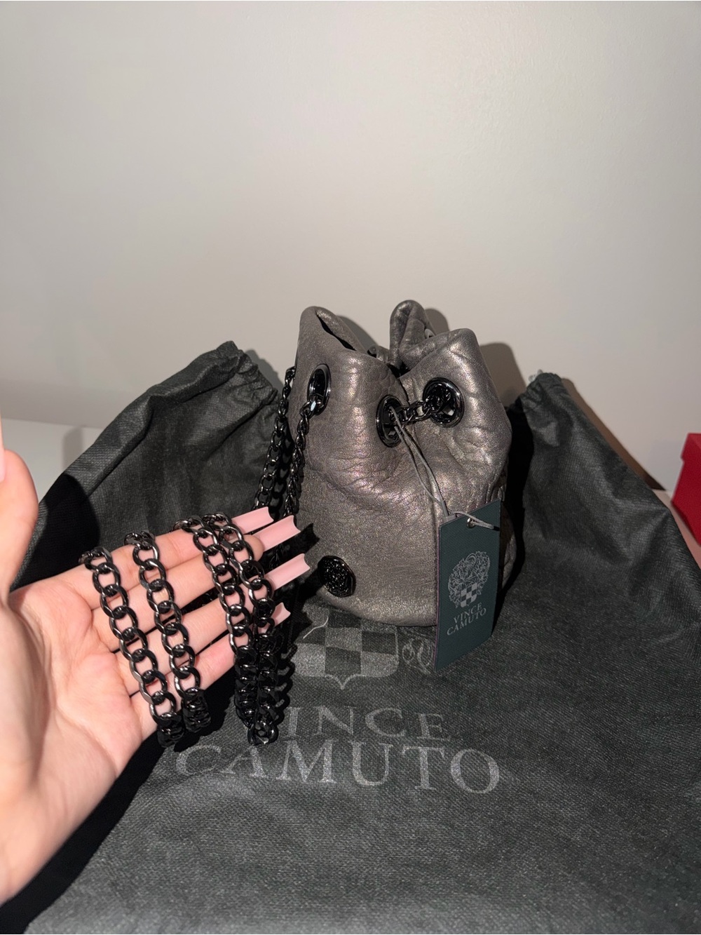 Vince Camuto Metallic Gray Mini Drawstring Bucket Bag with Black Chain